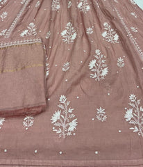 KALA Rust Pure Mulmul Chikankari Pearl Gown Dupatta Set