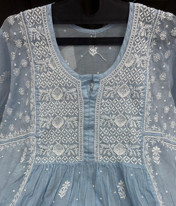KALA Powder Blue Pure Mulmul Chikankari Pearl Gown Dupatta Set