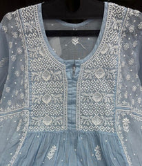 KALA Powder Blue Pure Mulmul Chikankari Pearl Gown Dupatta Set