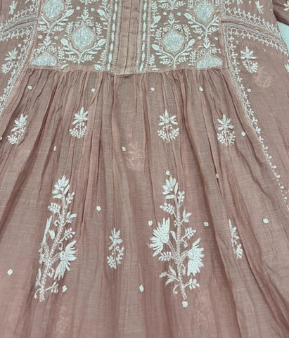 KALA Rust Pure Mulmul Chikankari Pearl Gown Dupatta Set