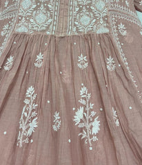 KALA Rust Pure Mulmul Chikankari Pearl Gown Dupatta Set