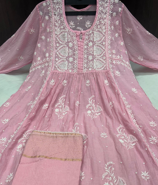 KALA Baby Pink Pure Mulmul Chikankari Pearl Gown Dupatta Set
