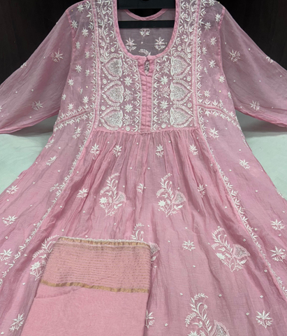 KALA Baby Pink Pure Mulmul Chikankari Pearl Gown Dupatta Set