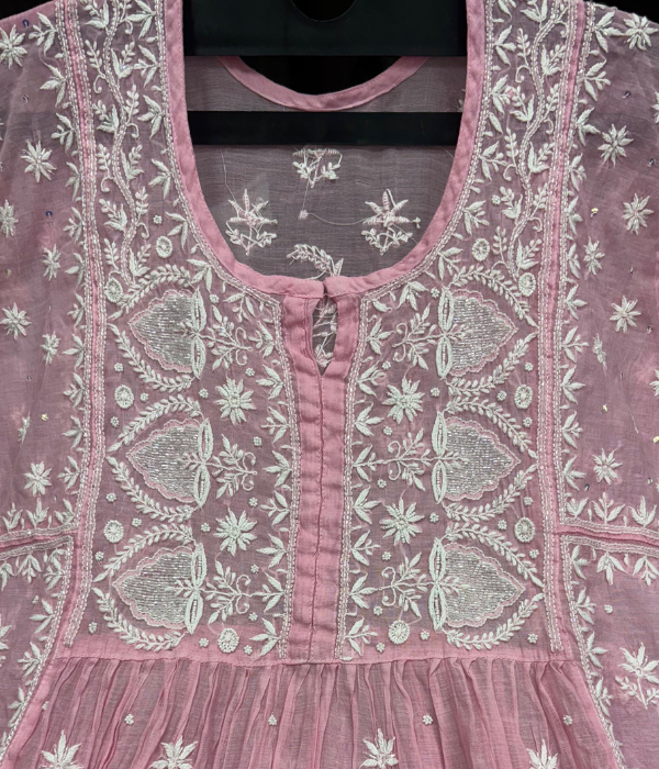 KALA Baby Pink Pure Mulmul Chikankari Pearl Gown Dupatta Set