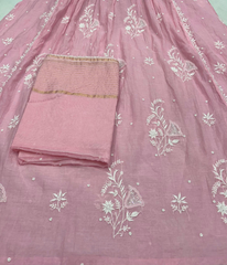 KALA Baby Pink Pure Mulmul Chikankari Pearl Gown Dupatta Set