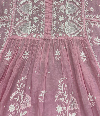 KALA Baby Pink Pure Mulmul Chikankari Pearl Gown Dupatta Set