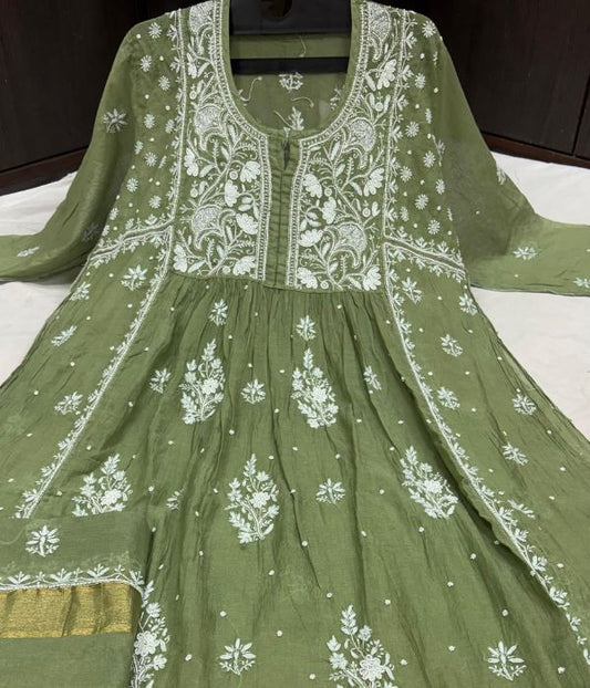 KALA Green Pure Mulmul Chikankari Pearl Gown Dupatta Set