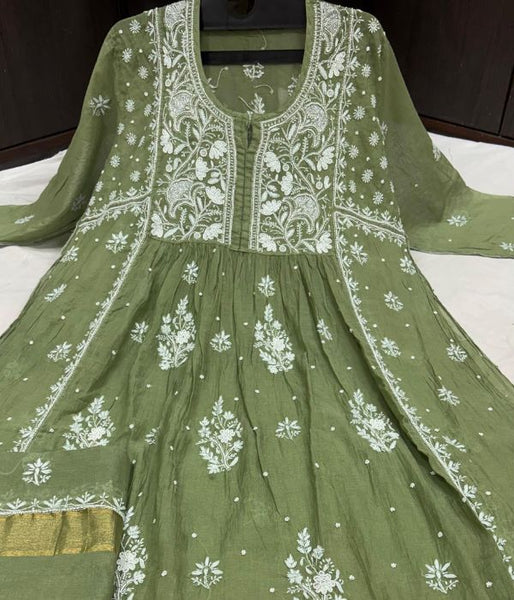 KALA Green Pure Mulmul Chikankari Pearl Gown Dupatta Set
