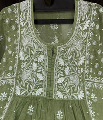KALA Green Pure Mulmul Chikankari Pearl Gown Dupatta Set