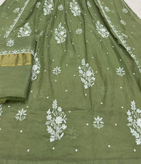 KALA Green Pure Mulmul Chikankari Pearl Gown Dupatta Set