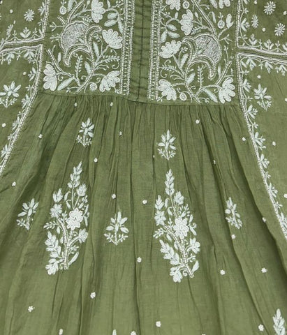 KALA Green Pure Mulmul Chikankari Pearl Gown Dupatta Set
