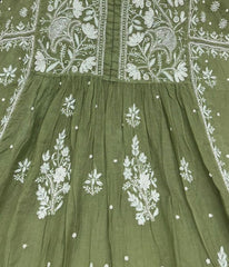 KALA Green Pure Mulmul Chikankari Pearl Gown Dupatta Set
