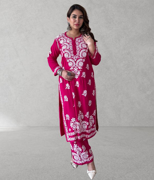 SHIVIKA Pink Pure Modal Chikankari Kurta Palazzo Set