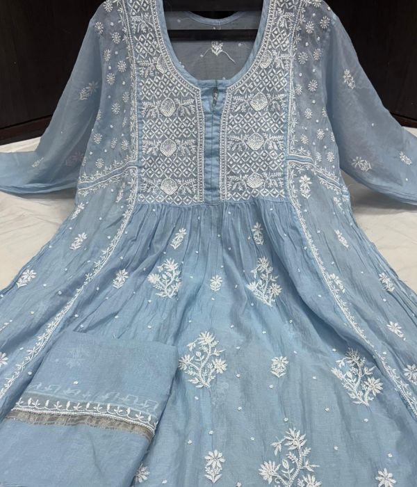 KALA Powder Blue Pure Mulmul Chikankari Pearl Gown Dupatta Set