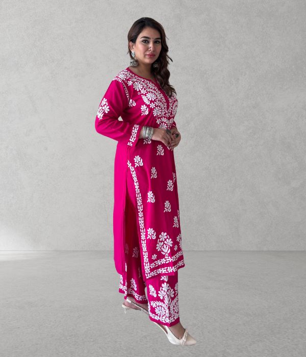 SHIVIKA Pink Pure Modal Chikankari Kurta Palazzo Set
