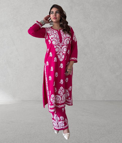 SHIVIKA Pink Pure Modal Chikankari Kurta Palazzo Set