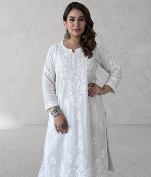 SHIVIKA White Pure Modal Chikankari Kurta Palazzo Set