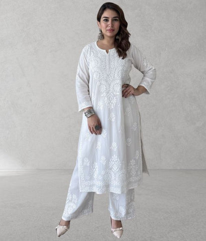 SHIVIKA White Pure Modal Chikankari Kurta Palazzo Set