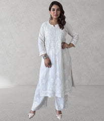 SHIVIKA White Pure Modal Chikankari Kurta Palazzo Set
