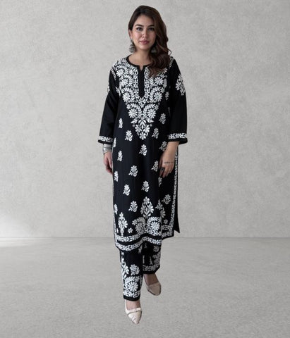 SHIVIKA Black Pure Modal Chikankari Kurta Palazzo Set