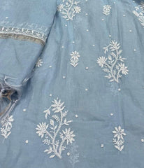 KALA Powder Blue Pure Mulmul Chikankari Pearl Gown Dupatta Set