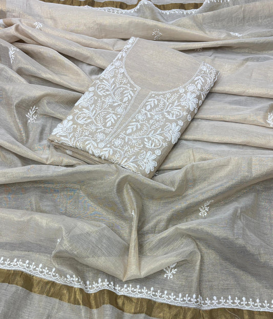SIA Tissue Kurta Dupatta Chikanakari Set Emellished With Pearl cut dana