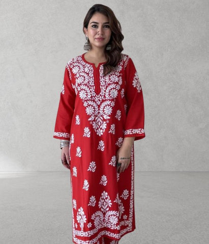 SHIVIKA Red Pure Modal Chikankari Kurta Palazzo Set