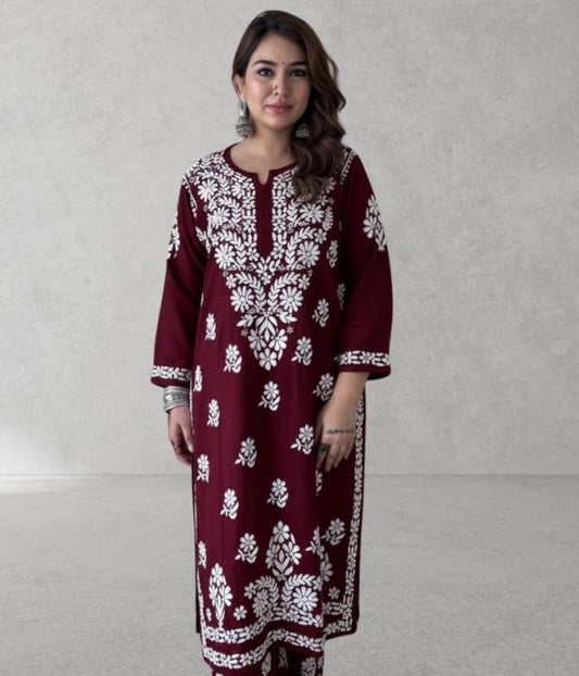 SHIVIKA Maroon Pure Modal Chikankari Kurta Palazzo Set