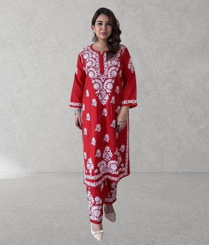 SHIVIKA Red Pure Modal Chikankari Kurta Palazzo Set