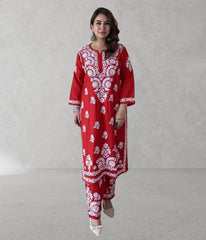 SHIVIKA Red Pure Modal Chikankari Kurta Palazzo Set