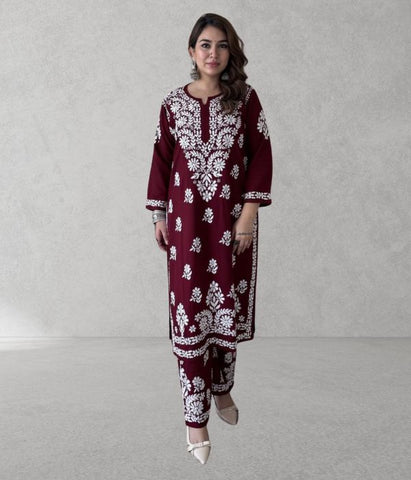 SHIVIKA Maroon Pure Modal Chikankari Kurta Palazzo Set