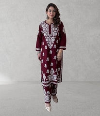 SHIVIKA Maroon Pure Modal Chikankari Kurta Palazzo Set