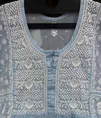 KALA Powder Blue Pure Mulmul Chikankari Pearl Gown Dupatta Set