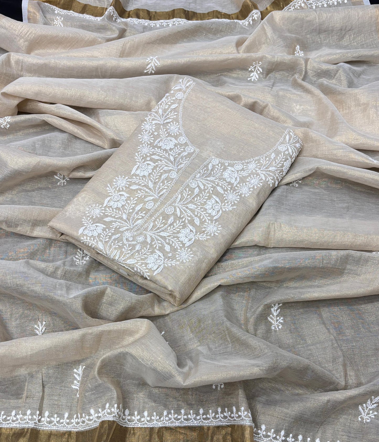 SIA Tissue Kurta Dupatta Chikanakari Set Emellished With Pearl cut dana