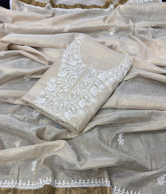 SIA Tissue Kurta Dupatta Chikanakari Set Emellished With Pearl cut dana