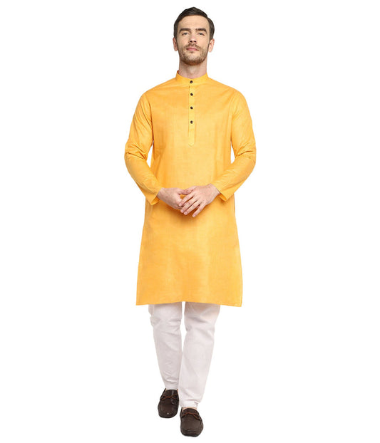 SHIVAM Yellow Mens Short Cotton Chikankari Kurta