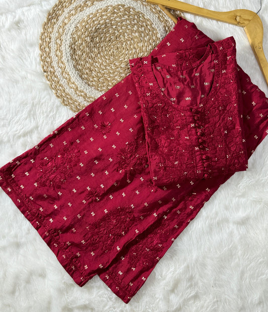 DISHI Red Pure Chanderi Silk Chikankari Kurta Palazzo Set