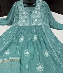 KALA Teal Pure Mulmul Chikankari Pearl Gown Dupatta Set