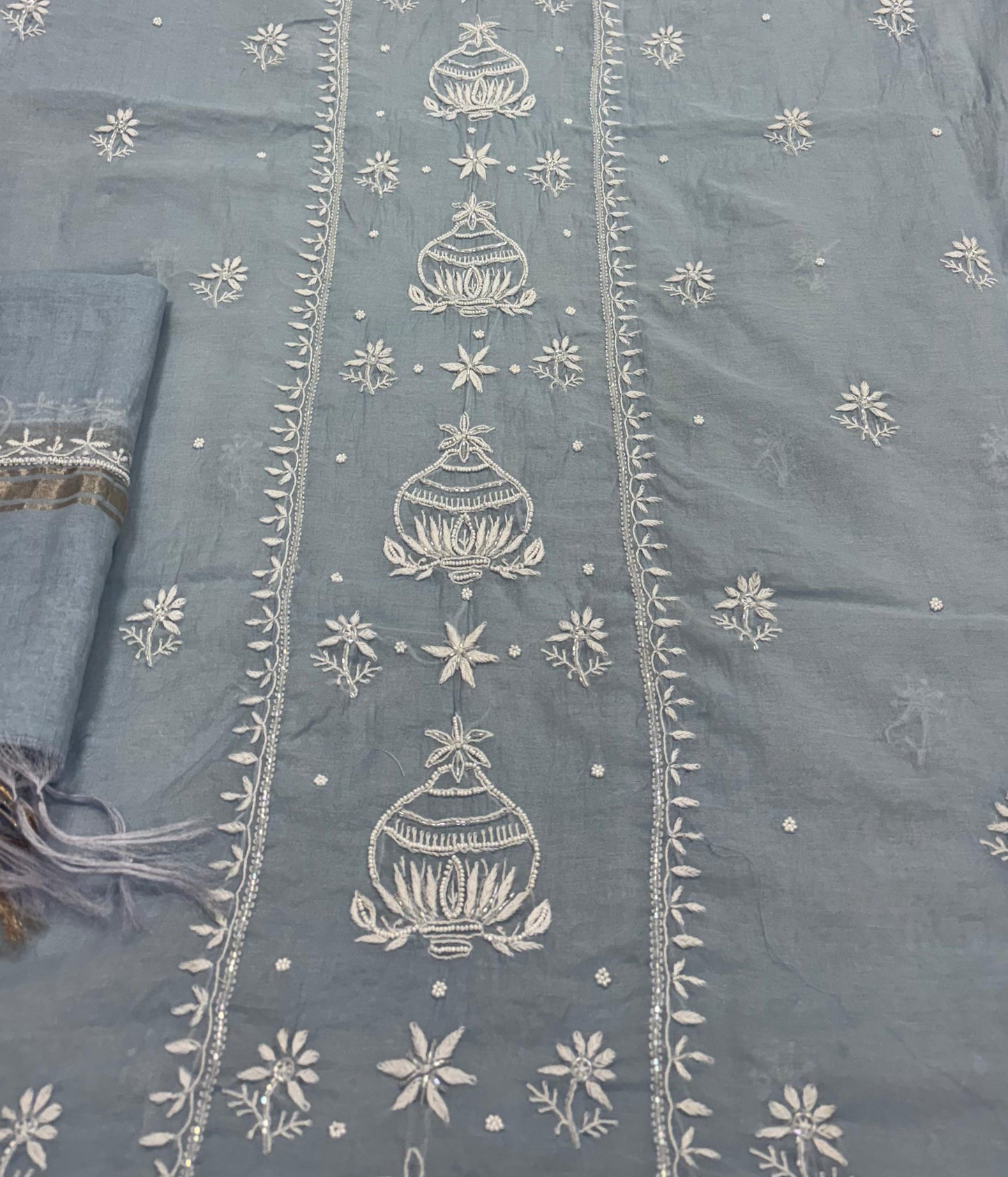 ADITI Powder Blue Pure Mulmul Chikankari Kurta Dupatta Set