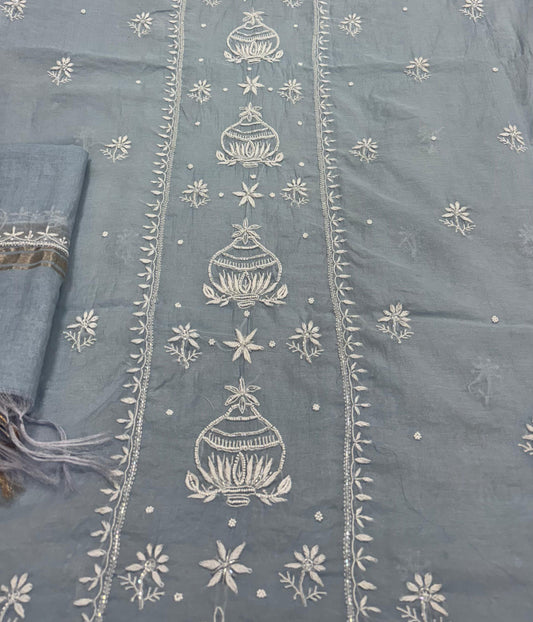 ADITI Powder Blue Pure Mulmul Chikankari Kurta Dupatta Set