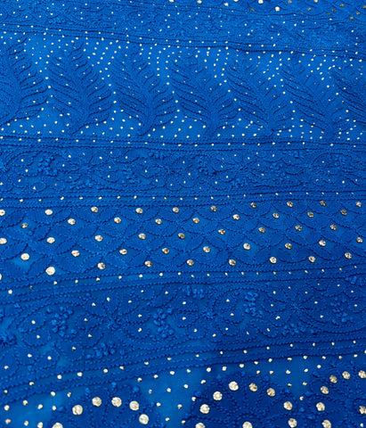 PAHEL Blue Pure Viscose Chikankari Saree With Golden Mokaish Work