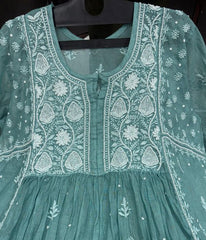 KALA Teal Pure Mulmul Chikankari Pearl Gown Dupatta Set