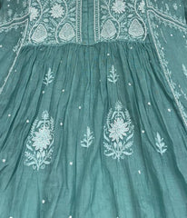 KALA Teal Pure Mulmul Chikankari Pearl Gown Dupatta Set