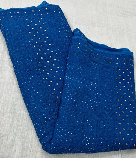 PAHEL Blue Pure Viscose Chikankari Saree With Golden Mokaish Work