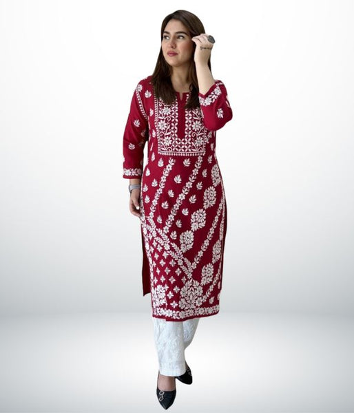 ANAYA  Red Lucknowi Chikankari Heavy Modal Kurti
