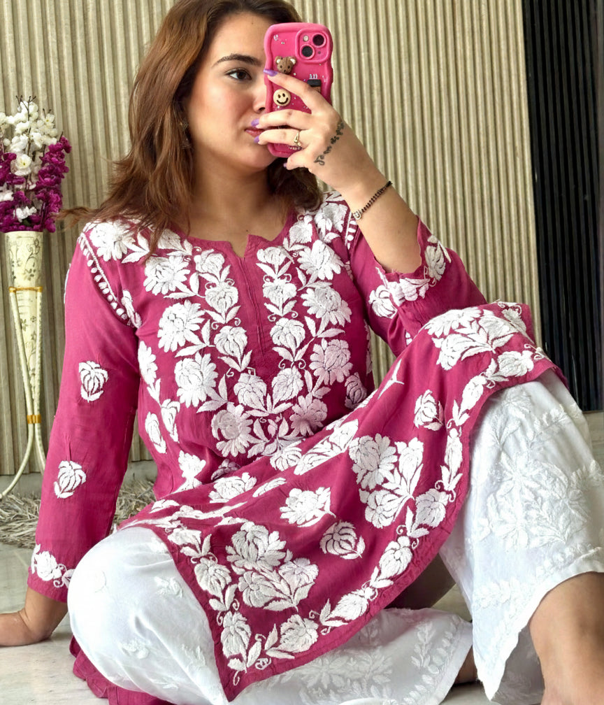 VIDHI Pink Pure Modal Chikankari Kurti
