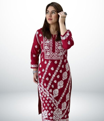 ANAYA  Red Lucknowi Chikankari Heavy Modal Kurti