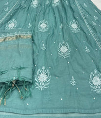 KALA Teal Pure Mulmul Chikankari Pearl Gown Dupatta Set