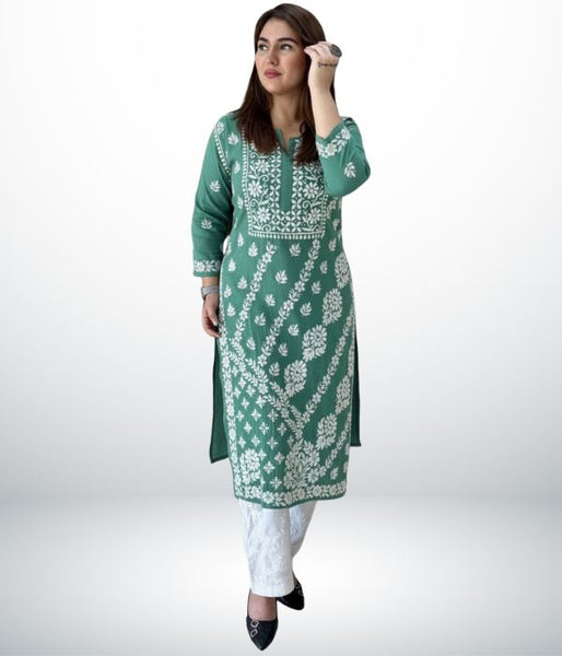 ANAYA Teal Lucknowi Chikankari Heavy Modal Kurti