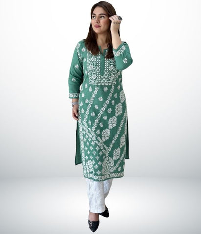 ANAYA Teal Lucknowi Chikankari Heavy Modal Kurti